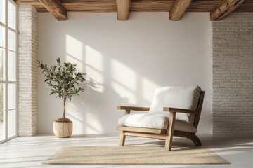 A serene, sunlit room boasts a minimalist wooden chair and a leafy plant, bathed in natural light, creating a tranquil and cozy atmosphere.