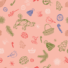 Ink drawn vector seamless repeat pattern in expressive freeform style. Christmas winter theme cat gingerbread 