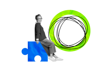 Composite trend artwork sketch image photo collage of aged lady hr candidate sit huge puzzle fragment match piece decision line circle