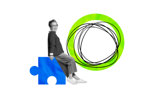 Composite trend artwork sketch image photo collage of aged lady hr candidate sit huge puzzle fragment match piece decision line circle