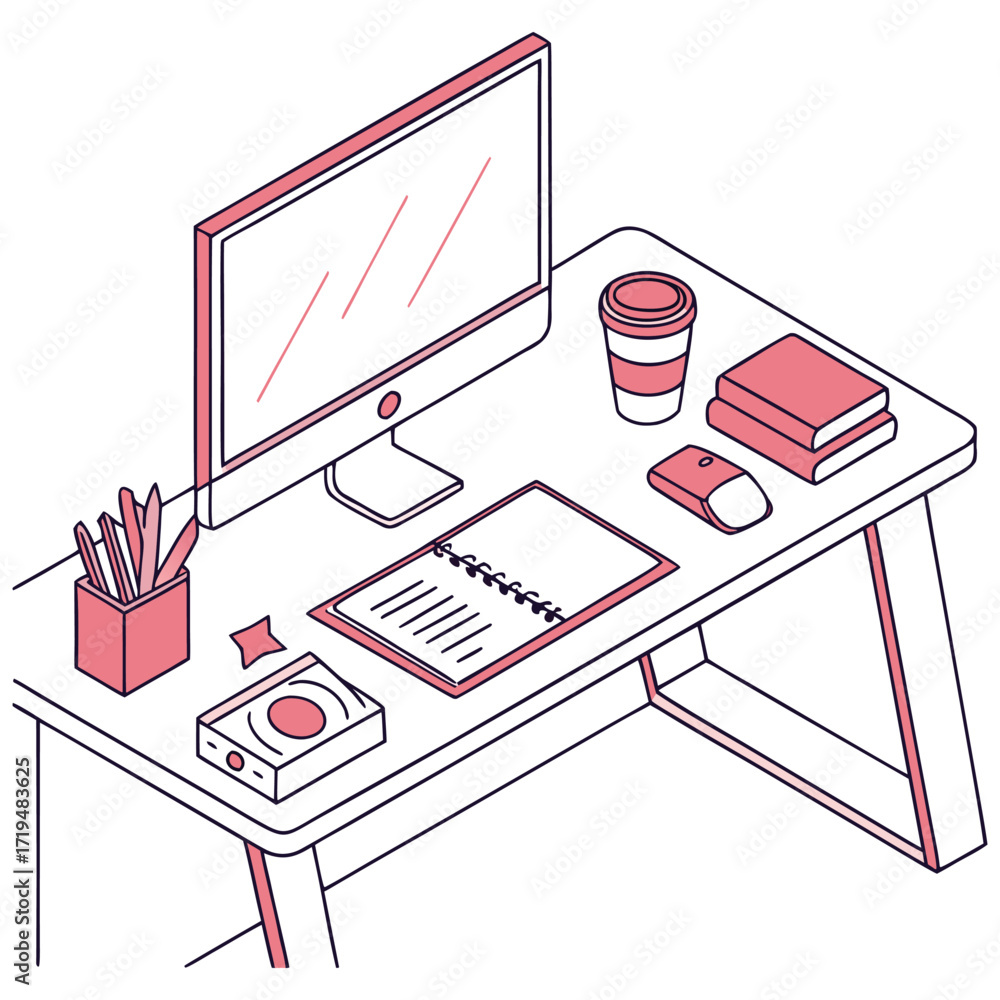 Poster modern flat office desk with computer and essential workspace elements clean vector illustration
