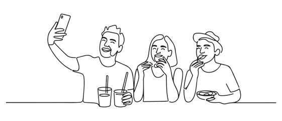 Simple line drawing of people selfie while drinking at a hangout. Happy people eating. one line Icon drawing with white background