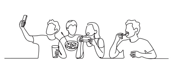 Simple line drawing of people selfie while drinking at a hangout. Happy people eating. one line Icon drawing with white background