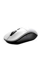 Sleek, white wireless computer mouse with subtle gray accents and two buttons, shown at a three-quarter angle against a black background