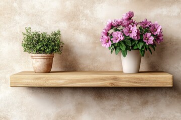 A light wooden shelf, displaying a potted herb and a bouquet of vibrant purple flowers, sits against a textured beige wall.
