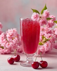 Delightful glass of cherry juice in a clear tall glass with a soft pastel background displayed