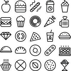 Flat icon set food beverage dessert fruit pastry bread pizza diamond gem ice cream coffee drink burger cupcake donut muffin