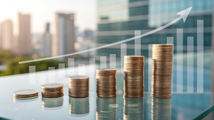 Stacked coins on a glass table highlighted by a rising growth chart against a city skyline backdrop