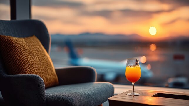 Airport lounge armchair with orange juice, airplane, and beautiful sunset. Use for travel blogs or ads for a comfortable airport experience.
