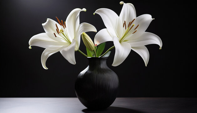 Pure Lily Elegance Two Pristine White Lilies Stand Tall In A Sleek Black Vase Their Graceful Forms Highlighted By The Gentle Interplay Of Light And Shadow Embodying Purity And Sophistication