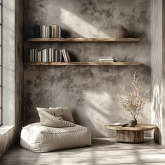 A sun-drenched, neutral-toned room with wooden shelves, books, and a cozy beanbag chair, evoking a peaceful and minimalist aesthetic.