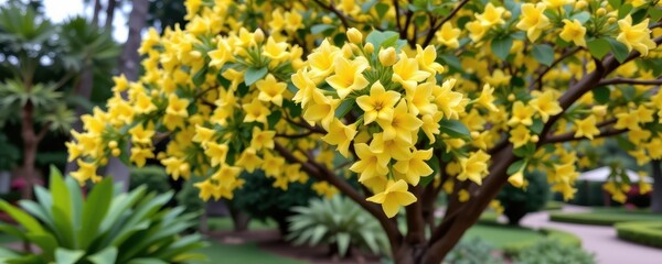 Obraz premium a beautiful tropical tree with bright yellow blossoms thriving in a peaceful garden symbolizing joy prosperity and auspicious energy with gentle breeze.
