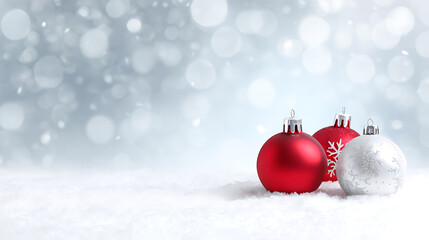 Christmas background with red and white baubles on snow with bokeh effect. Festive holiday decoration and winter celebration concept.