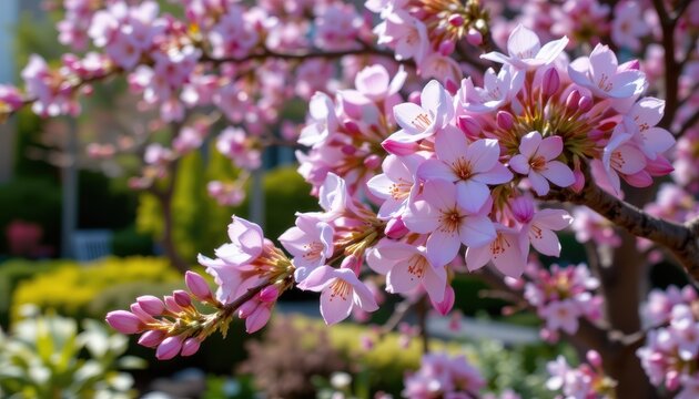 a flowering tree with violet and white blooms in a calm garden promoting peace luck and prosperity with sunlight illuminating each petal delicately.