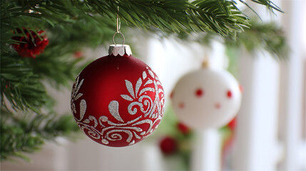 Christmas tree with red and white baubles on a white background. Festive holiday decoration and seasonal celebration concept.
