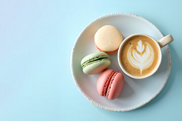 Multicolored French macarons on a plate, next to a cup of cappuccino with a pattern on a light blue background. Top view.