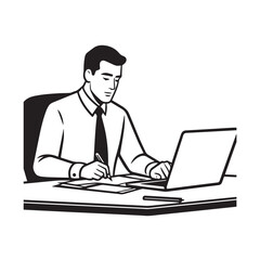 Black and white line art of a hardworking man at office desk with laptop and documents minimalist illustration