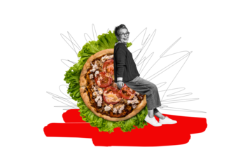 Creative collage picture mature woman pizza menu restaurant order nutrition junk unhealthy meal lettuce vegan ingredient drawing doodles