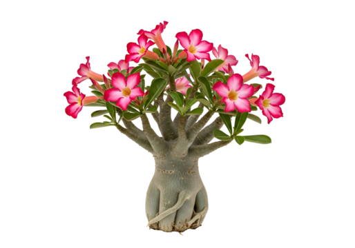 A vibrant bonsai-style desert rose plant, displaying numerous bright pink flowers against a stark black backdrop, showcases the plant's unique trunk and root system.
