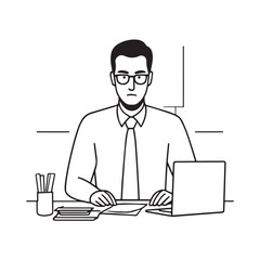Black and white line art of a hardworking man at office desk with laptop and documents minimalist illustration