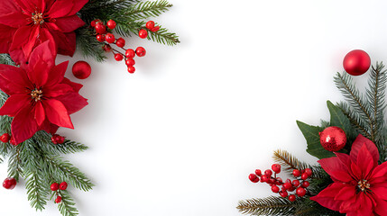Christmas background with poinsettia, fir branches and berries on white background. Festive winter holiday decoration concept.