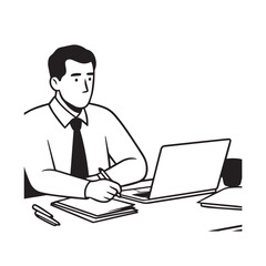Black and white line art of a hardworking man at office desk with laptop and documents minimalist illustration