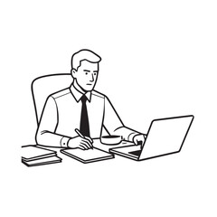 Black and white line art of a hardworking man at office desk with laptop and documents minimalist illustration