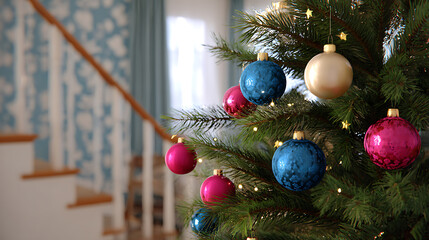  Decorated Christmas tree with colorful baubles indoors. Festive holiday decoration, cozy interior, and seasonal celebration concept.
