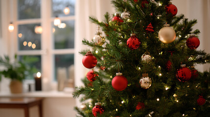 Beautiful Christmas tree with colorful baubles in room. Festive holiday decoration, cozy interior, and seasonal celebration concept.
