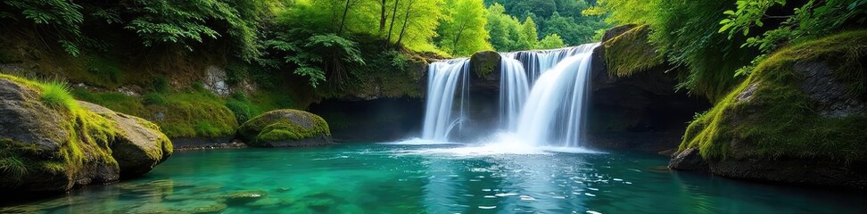 Fototapeta premium Serene waterfall cascading down mossy rocks into a crystal-clear pool, surrounded by lush green forest Perfect for nature, travel, and tranquility themes , ecosystem, lush forest