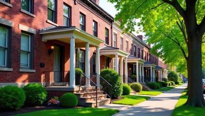 Fototapeta premium Classic brick row house facade, charming front porch, neatly manicured lawn, mature trees lining the street, quintessential urban neighborhood scene , pavement, exterior, neighborhood