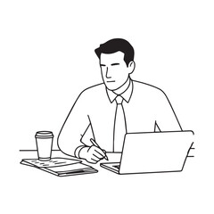 Black and white line art of a hardworking man at office desk with laptop and documents minimalist illustration
