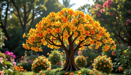 Naklejka premium a sacred tropical tree with orange and yellow flowers in a garden filled with sunlight symbolizing vitality happiness and positive energy.