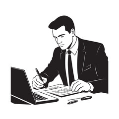 Black and white line art of a hardworking man at office desk with laptop and documents minimalist illustration