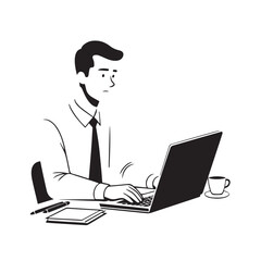 Black and white line art of a hardworking man at office desk with laptop and documents minimalist illustration