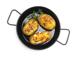 Tasty baked potatoes with stuffing in baking dish isolated on white, top view