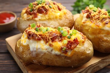 Tasty stuffed baked potatoes served on wooden table, closeup
