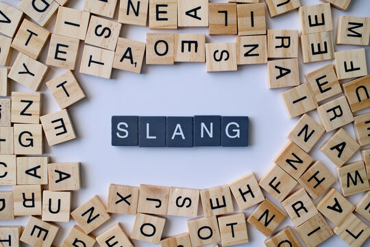 Slang word in wooden cube blocks, informal language concept, casual communication idea, modern speech and expressions theme