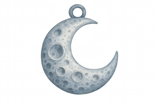 Gray crescent moon watercolor pendant with craters providing celestial charm and mystical astrology symbolism