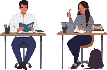 Students studying together at desks, preparing for exams and learning new concepts in a classroom setting.