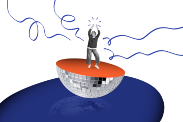 Creative trend collage of dancing old lady have fun half discoball crazy party freak bizarre unusual fantasy