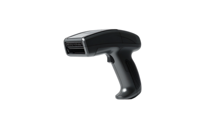 Sleek, gunmetal-grey handheld barcode scanner with a pistol grip and integrated laser window