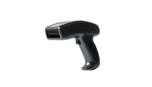 Sleek, gunmetal-grey handheld barcode scanner with a pistol grip and integrated laser window