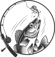 Walleye fishing silhouette with a jumping fish chasing a jig lure. A spinning rod creates a circular frame. Black and white vector