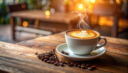 Steaming Coffee Cup with Latte Art on Wooden Table at Sunny Cafe