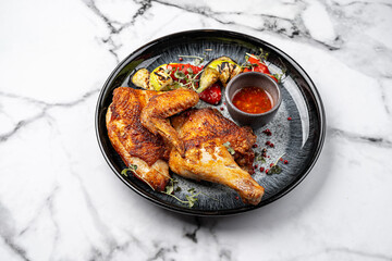 Roasted chicken leg quarter with crispy golden skin served on black plate with grilled vegetables, chili dipping sauce, pink peppercorns and fresh microgreens on marble background