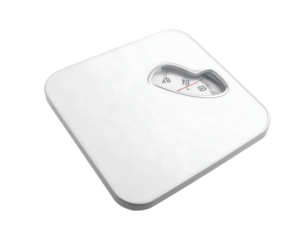 White square bathroom scale with analog dial, slightly angled, showing a weight around 70