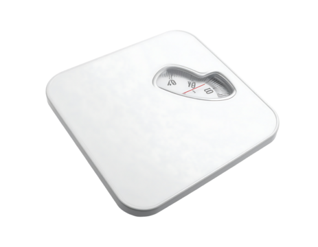 White square bathroom scale with analog dial, slightly angled, showing a weight around 70