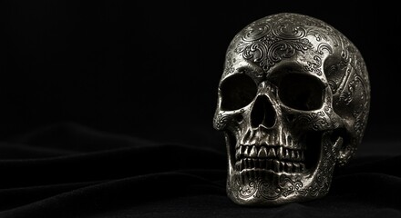 Obraz premium A decorative metallic human skull with intricate floral engravings on a dark, luxurious black fabric background