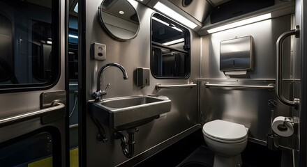 Interior view of a public restroom inside a train car, featuring a toilet and sink.